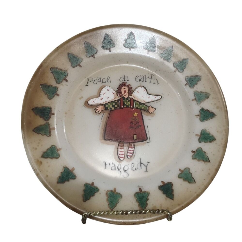 Vintage Hand Painted Raggedy Angel Plate Country Folk Art Corning Glass 1950's